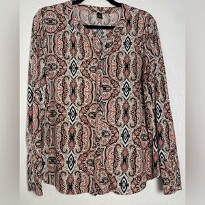 Vintage Blouse Womens Large Beige Pink Paisley Print V-Neck Casual to dressy Top